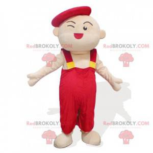 Homem mascote de um artista infantil de macacão vermelho -