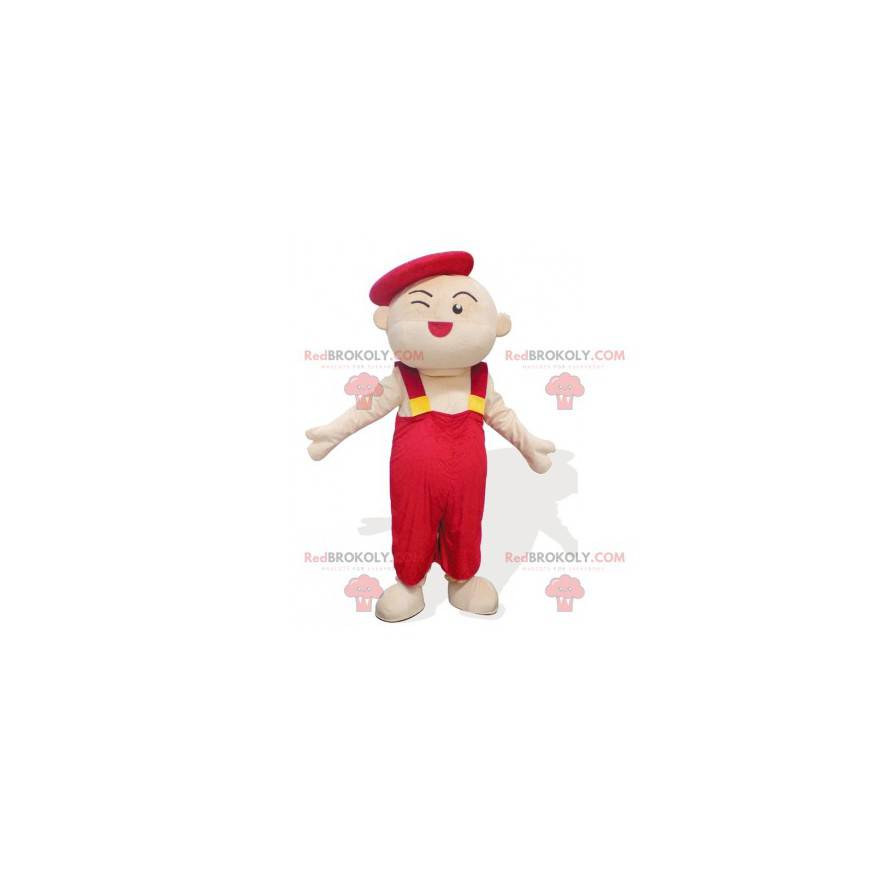 Mascotte man van een kindkunstenaar in rode overall -