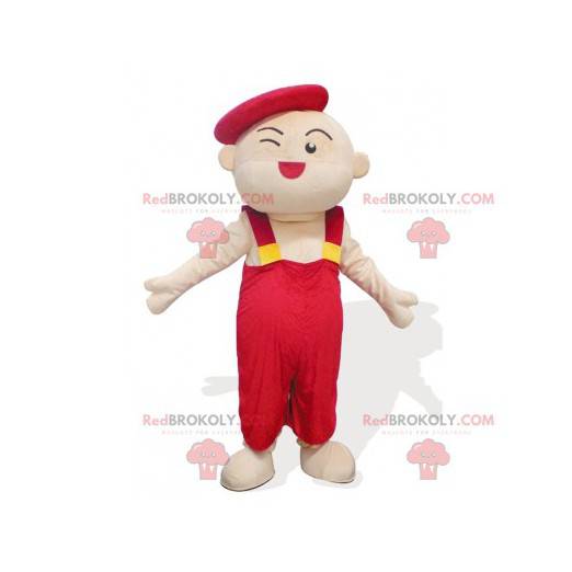 Mascotte man van een kindkunstenaar in rode overall -
