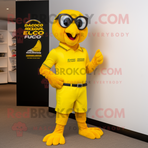 Yellow Falcon mascot costume character dressed with a Polo Tee and Reading glasses