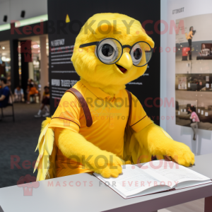 Yellow Falcon mascot costume character dressed with a Polo Tee and Reading glasses