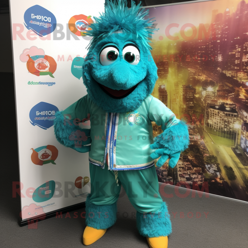 Turquoise Biryani mascot costume character dressed with a Jacket and Shoe clips