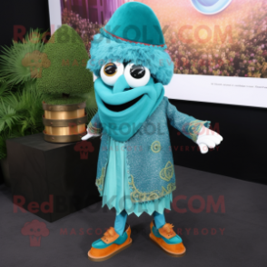 Turquoise Biryani mascot costume character dressed with a Jacket and Shoe clips