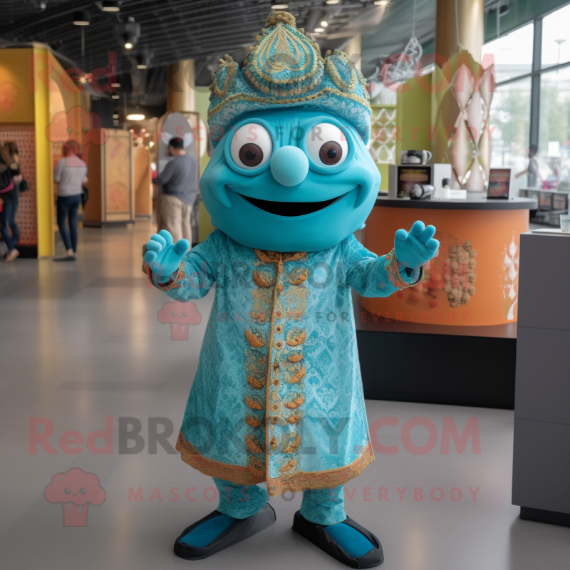 Turquoise Biryani mascot costume character dressed with a Jacket and Shoe clips Turquoise Biryani mascot costume character dressed with a Jacket and Shoe clips