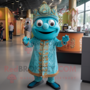 Turquoise Biryani mascot costume character dressed with a Jacket and Shoe clips