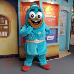 Turquoise Biryani mascot costume character dressed with a Jacket and Shoe clips