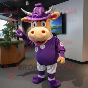 Purple Jersey Cow mascot costume character dressed with a Bodysuit and Hats