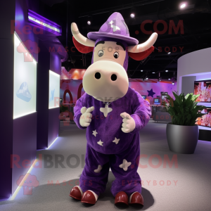 Purple Jersey Cow mascot costume character dressed with a Bodysuit and Hats