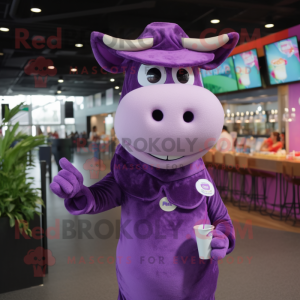 Purple Jersey Cow mascot costume character dressed with a Bodysuit and Hats