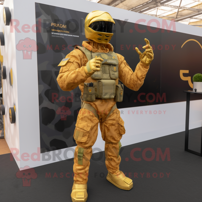 Gold Para Commando mascot costume character dressed with a Romper and Pocket squares Gold Para Commando mascot costume character dressed with a Romper and Pocket squares