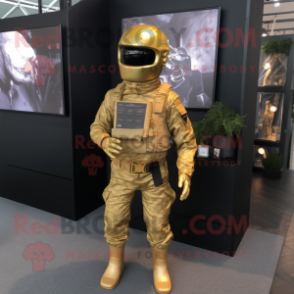 Gold Para Commando mascot costume character dressed with a Romper and Pocket squares