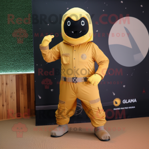 Gold Para Commando mascot costume character dressed with a Romper and Pocket squares