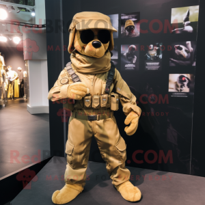 Gold Para Commando mascot costume character dressed with a Romper and Pocket squares