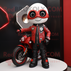 Red Hourglass mascot costume character dressed with a Moto Jacket and Earrings