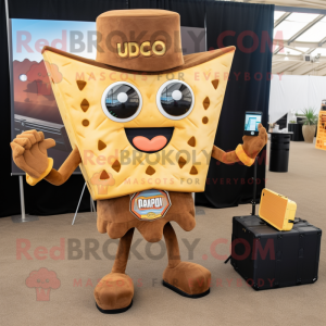 Brown Nachos mascot costume character dressed with a Romper and Briefcases