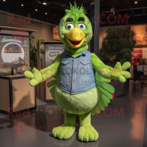 Lime Green Turkey mascot costume character dressed with a Denim Shirt and Mittens