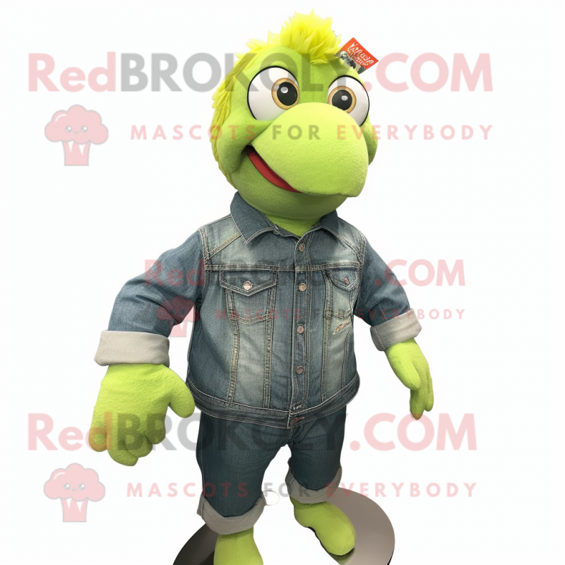 Lime Green Turkey mascot costume character dressed with a Denim Shirt and Mittens