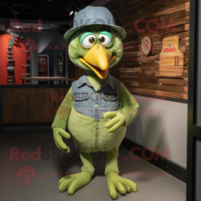 Lime Green Turkey mascot costume character dressed with a Denim Shirt and Mittens