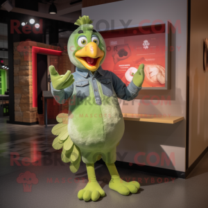 Lime Green Turkey mascot costume character dressed with a Denim Shirt and Mittens