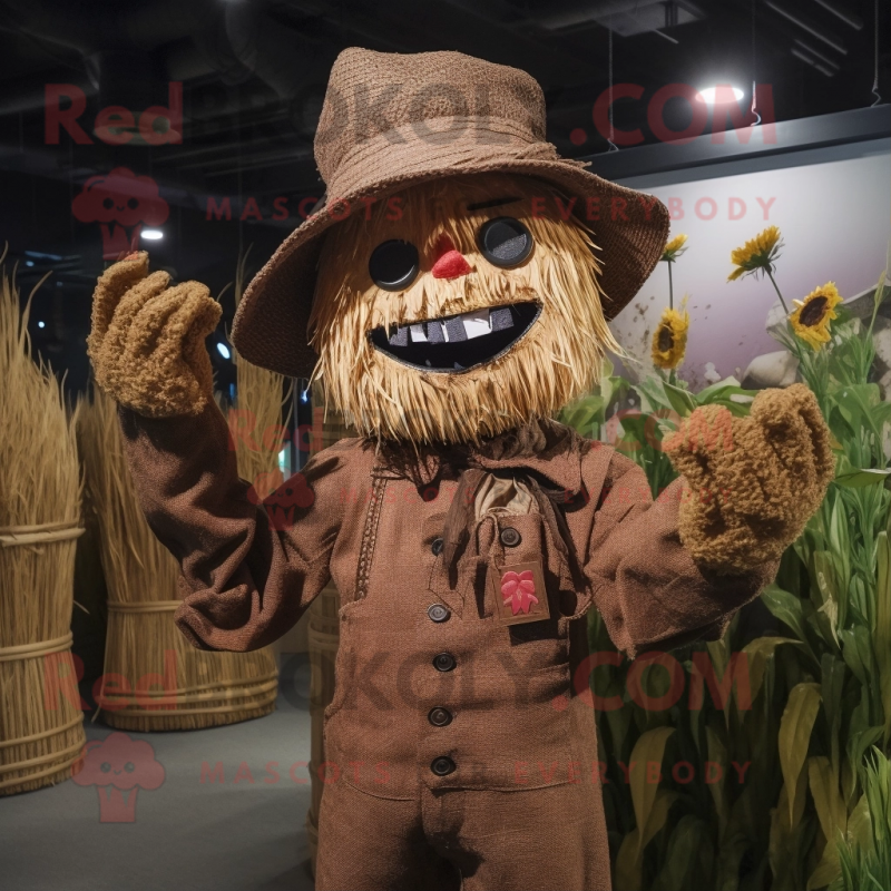 Brown Scarecrow mascot costume character dressed with a Sweater and Keychains