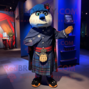 Navy Bagpipe mascot costume character dressed with a Wrap Dress and Lapel pins