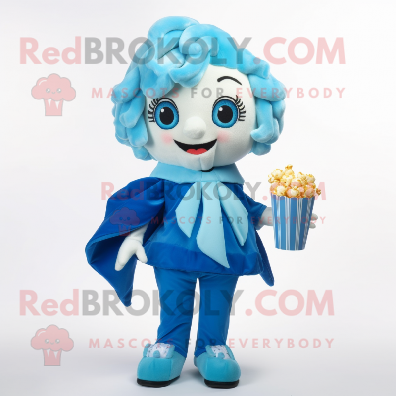 Blue Pop Corn mascot costume character dressed with a Blouse and Scarf clips