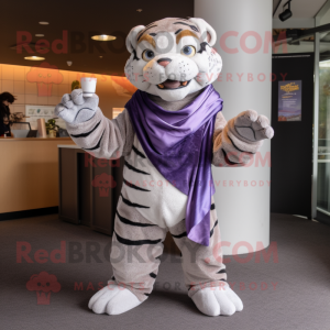 Lavender Saber-Toothed Tiger mascot costume character dressed with a Turtleneck and Shawls