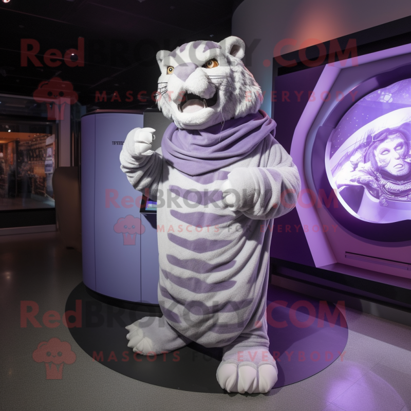 Lavender Saber-Toothed Tiger mascot costume character dressed with a Turtleneck and Shawls Lavender Saber-Toothed Tiger mascot costume character dressed with a Turtleneck and Shawls