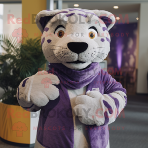 Lavender Saber-Toothed Tiger mascot costume character dressed with a Turtleneck and Shawls