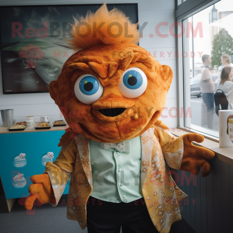 Rust Fish And Chips mascot costume character dressed with a Blouse and Brooches