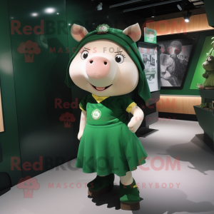 Forest Green Pig mascot costume character dressed with a Mini Skirt and Keychains