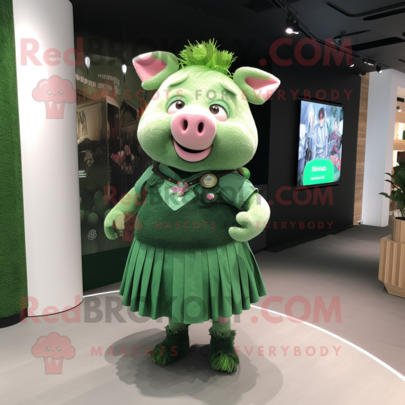 Forest Green Pig mascot costume character dressed with a Mini Skirt and Keychains