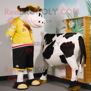 Gold Holstein Cow mascot costume character dressed with a Board Shorts and Watches