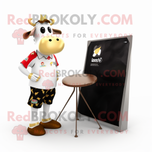 Gold Holstein Cow mascot costume character dressed with a Board Shorts and Watches
