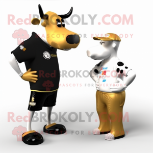 Gold Holstein Cow mascot costume character dressed with a Board Shorts and Watches