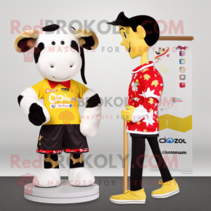 Gold Holstein Cow mascot costume character dressed with a Board Shorts and Watches