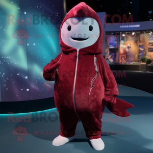 Maroon Narwhal mascot costume character dressed with a Hoodie and Bracelet watches