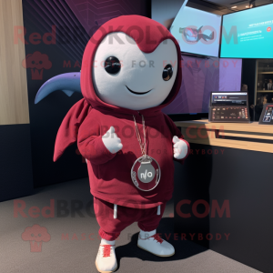 Maroon Narwhal mascot costume character dressed with a Hoodie and Bracelet watches