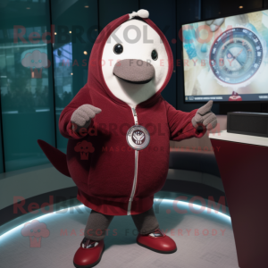 Maroon Narwhal mascot costume character dressed with a Hoodie and Bracelet watches