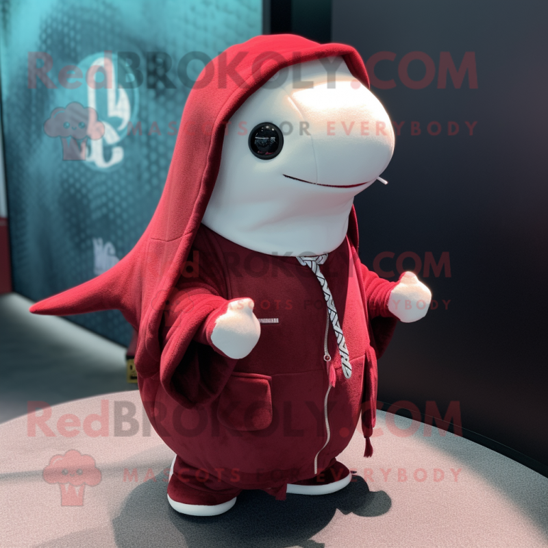 Maroon Narwhal mascot costume character dressed with a Hoodie and Bracelet watches