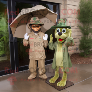 Tan Green Beret mascot costume character dressed with a Raincoat and Ties