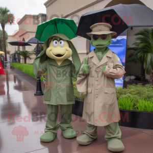 Tan Green Beret mascot costume character dressed with a Raincoat and Ties
