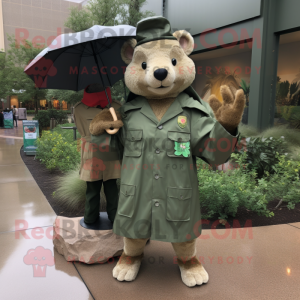 Tan Green Beret mascot costume character dressed with a Raincoat and Ties