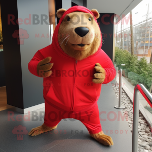 Red Capybara mascot costume character dressed with a Jeggings and Wraps