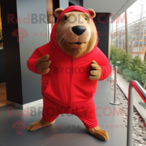 Red Capybara mascot costume character dressed with a Jeggings and Wraps