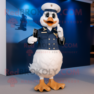 Navy Goose mascot costume character dressed with a Dress and Smartwatches