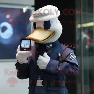 Navy Goose mascot costume character dressed with a Dress and Smartwatches