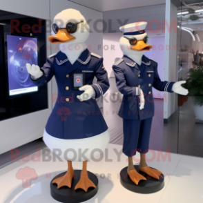 Navy Goose mascot costume character dressed with a Dress and Smartwatches