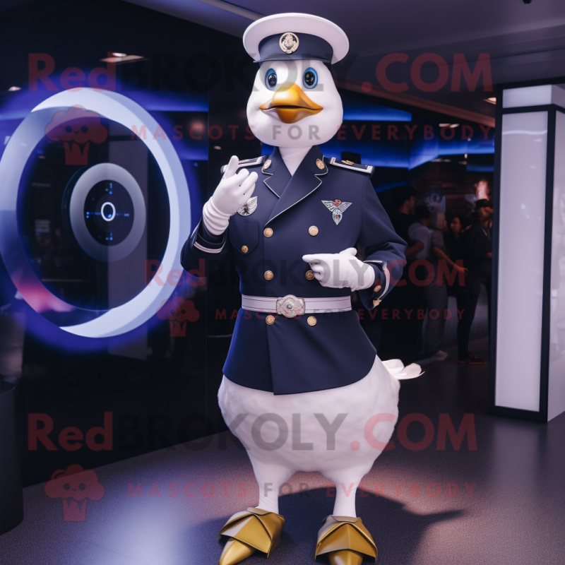 Navy Goose mascot costume character dressed with a Dress and Smartwatches