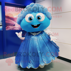 Blue Oyster mascot costume character dressed with a Pleated Skirt and Hair clips
